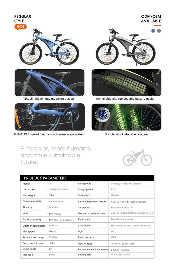 2000W Electric Mountain Bike | 57KM/H Speed, 27.5" Tires, Removable Battery, High-Power E-Bike for Adults