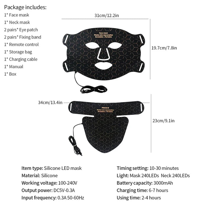 Silicone LED Face & Neck Mask | Anti-Aging Photon Light Therapy for Skin Rejuvenation & Brightening