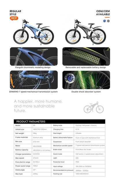 2000W Electric Mountain Bike | 57KM/H Speed, 27.5" Tires, Removable Battery, High-Power E-Bike for Adults